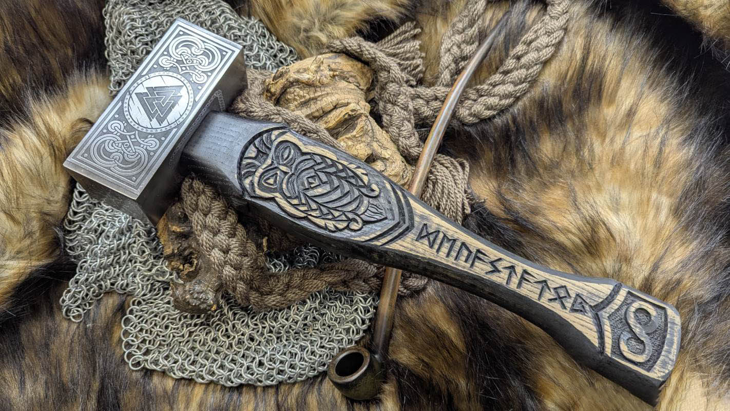 Forged Viking Hammer w/ Odin Carved Handle, Runes & Valknut Symbol