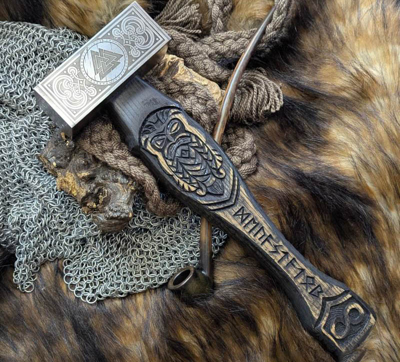 Forged Viking Hammer w/ Odin Carved Handle, Runes & Valknut Symbol
