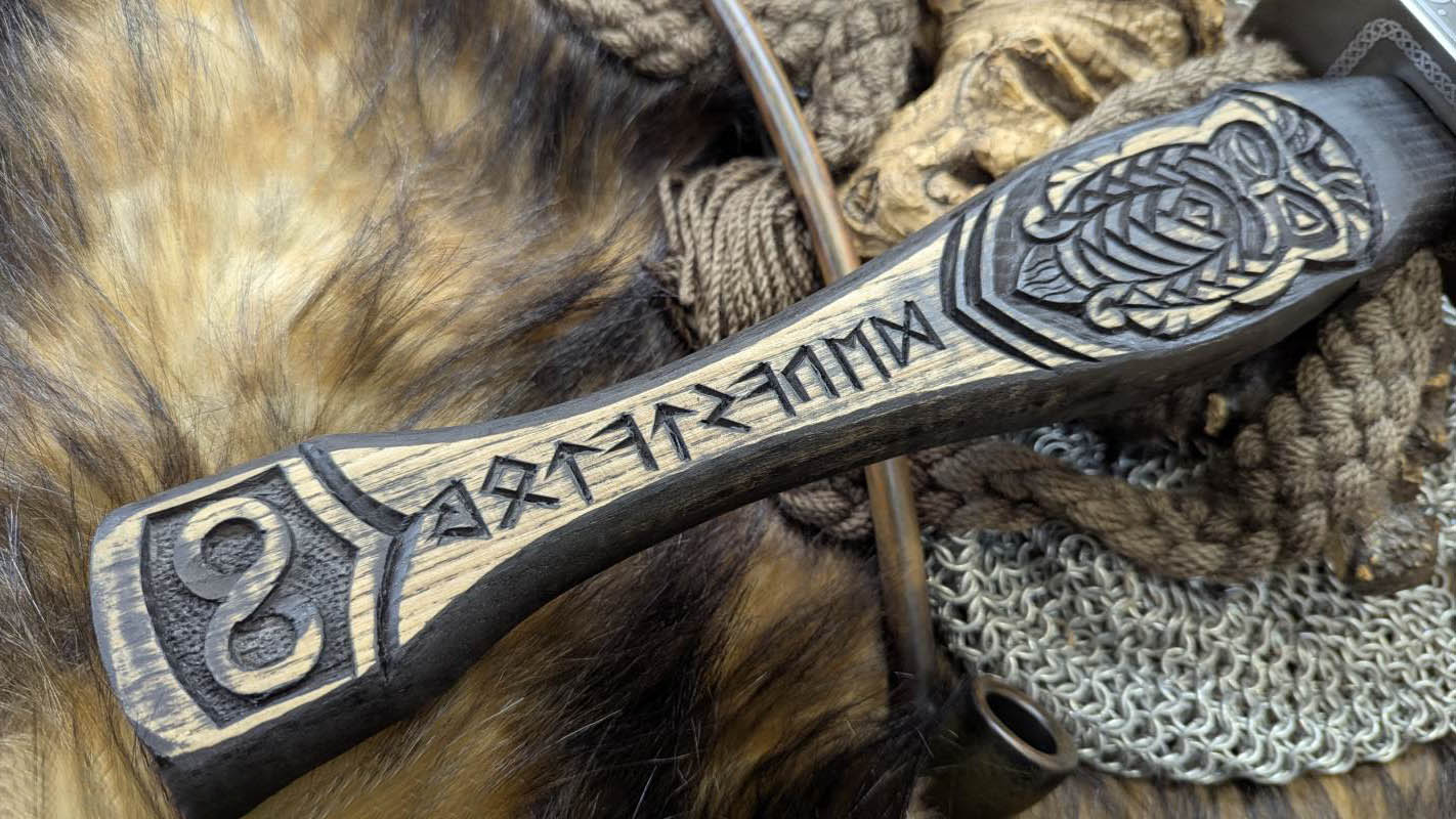 Forged Viking Hammer w/ Odin Carved Handle, Runes & Valknut Symbol