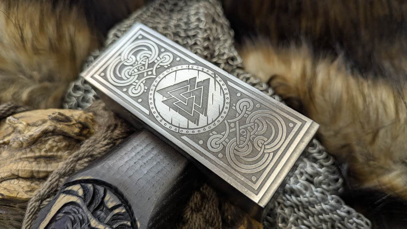 Forged Viking Hammer w/ Odin Carved Handle, Runes & Valknut Symbol