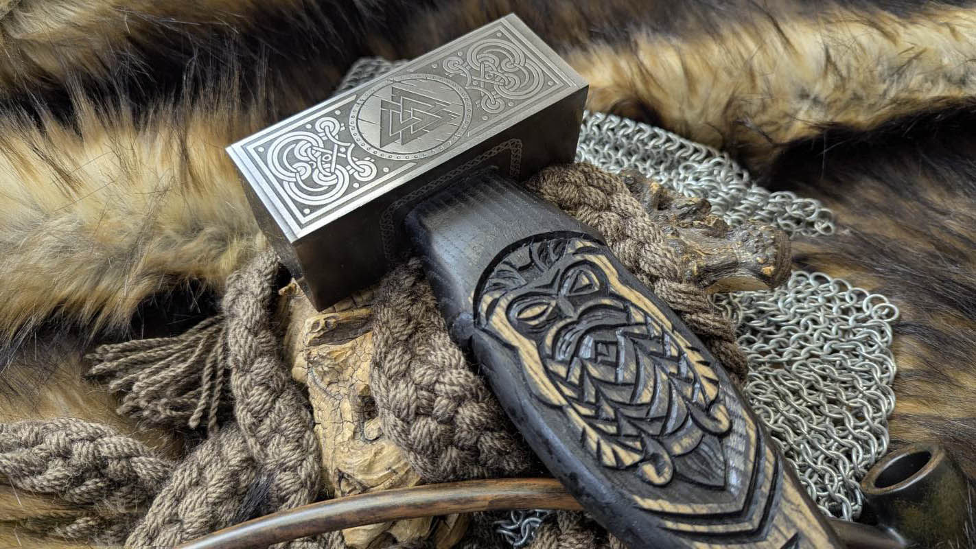 Forged Viking Hammer w/ Odin Carved Handle, Runes & Valknut Symbol