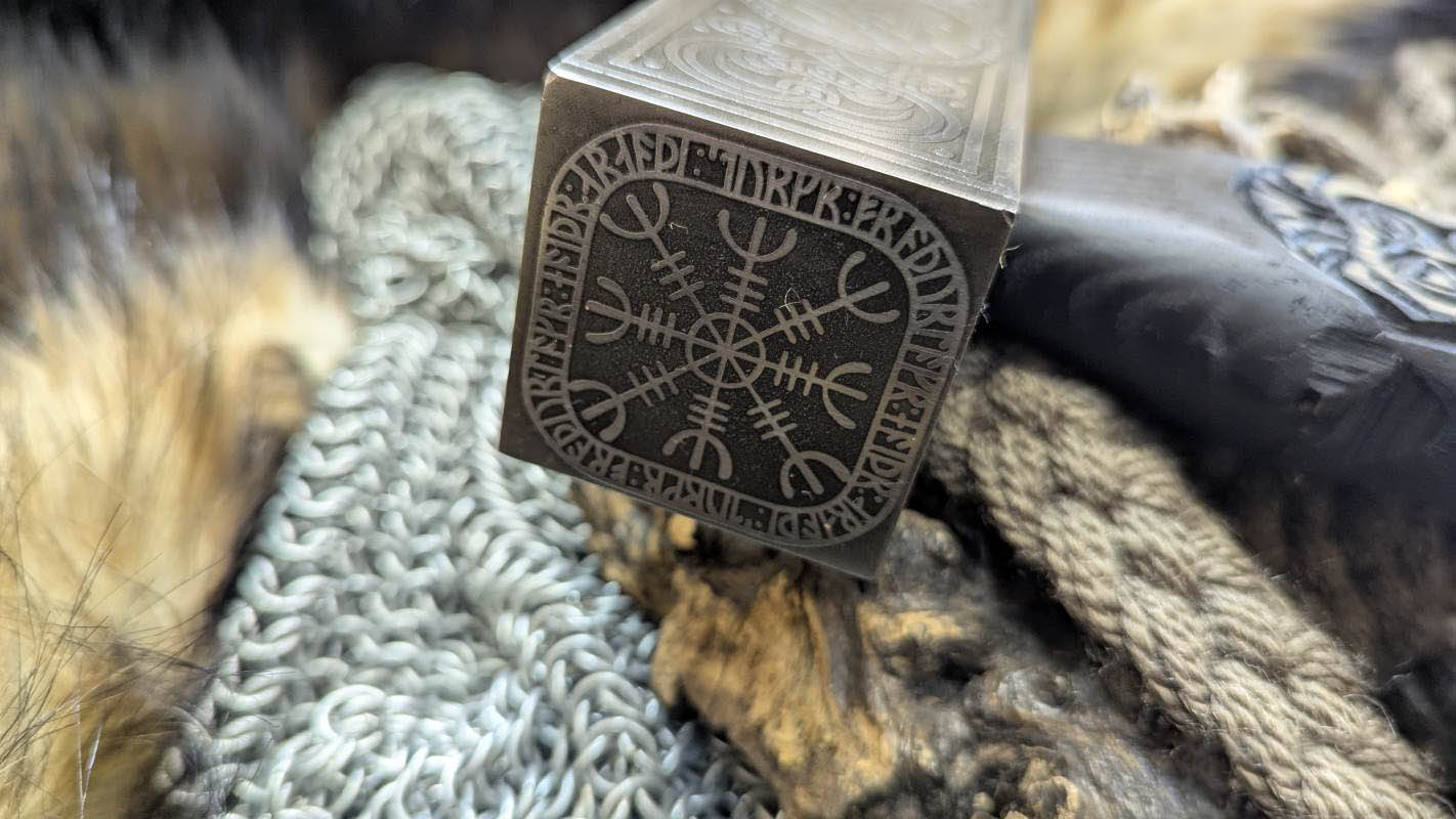 Forged Viking Hammer w/ Odin Carved Handle, Runes & Valknut Symbol