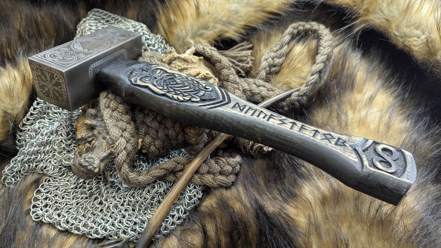 Forged Viking Hammer w/ Odin Carved Handle, Runes & Valknut Symbol
