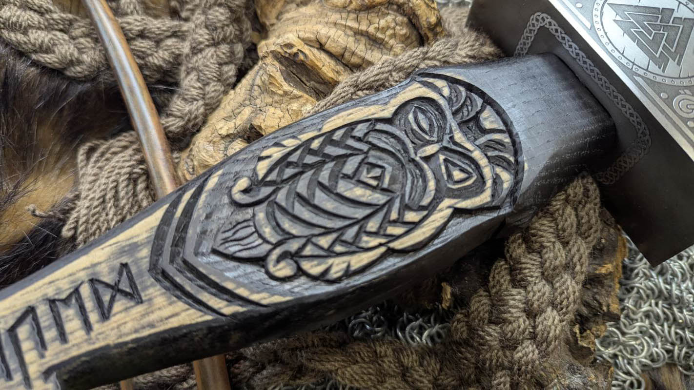 Forged Viking Hammer w/ Odin Carved Handle, Runes & Valknut Symbol