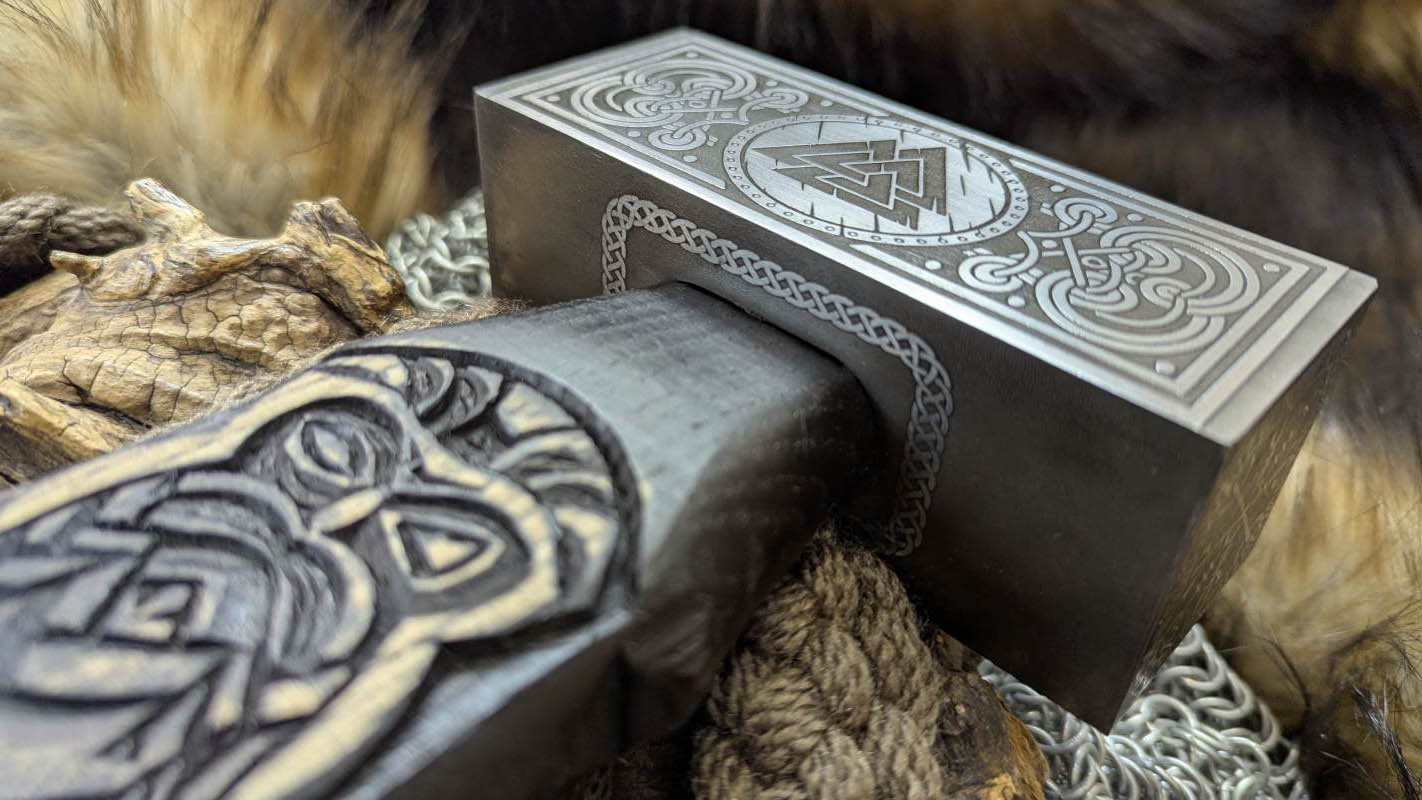 Forged Viking Hammer w/ Odin Carved Handle, Runes & Valknut Symbol