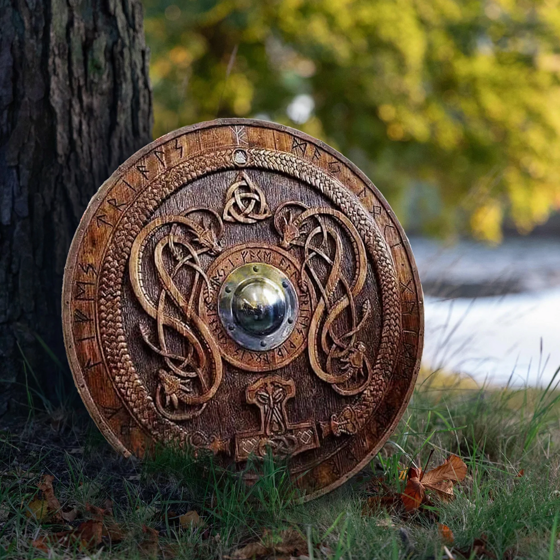 Carved Norse Runic Shield with Jörmungandr Ornaments