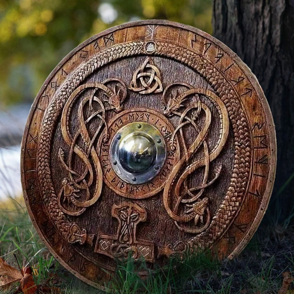 Carved Norse Runic Shield with Jörmungandr Ornaments
