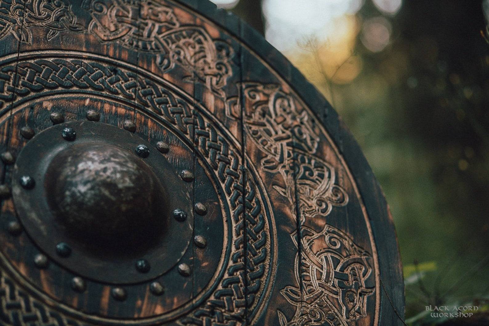 Carved Norse Drake Viking Shield - Wall Art Viking Shield