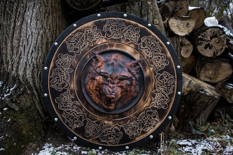 Carved Head Viking Wolf Head Black and Brown Edition Shield