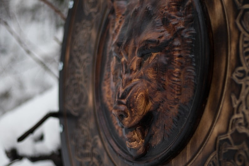 Carved Head Viking Wolf Head Black and Brown Edition Shield