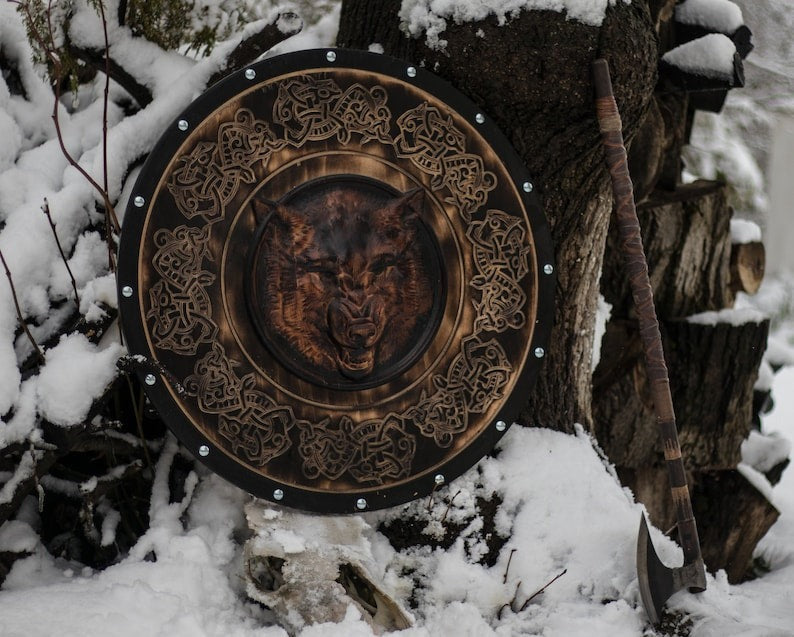 Carved Head Viking Wolf Head Black and Brown Edition Shield