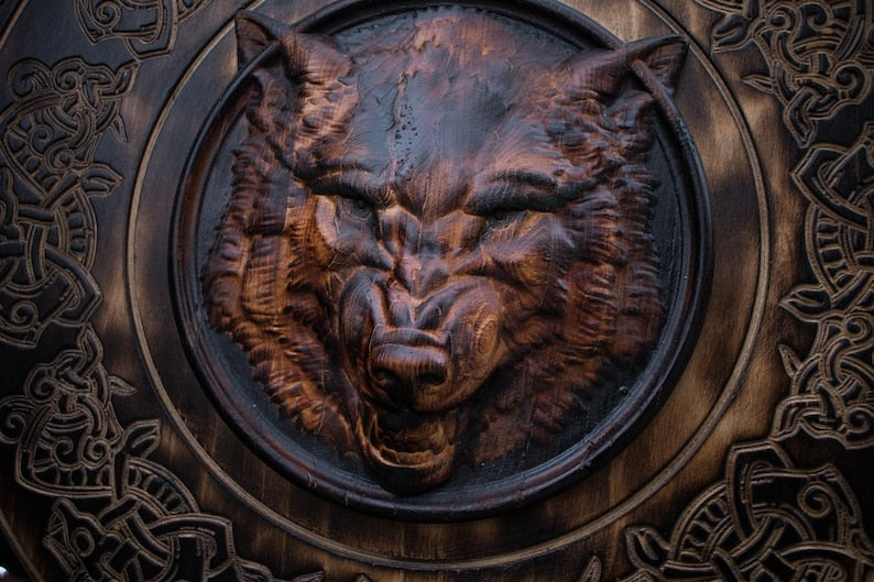Carved Head Viking Wolf Head Black and Brown Edition Shield