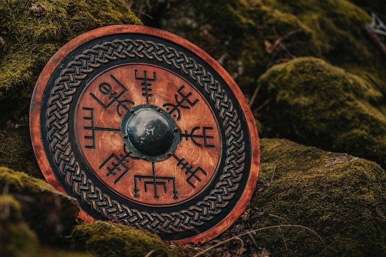 Carved Vegvisir Symbol Viking Shield - Wooden Wall art Shield