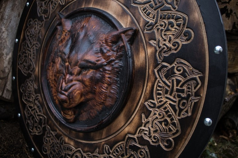 Carved Head Viking Wolf Head Black and Brown Edition Shield