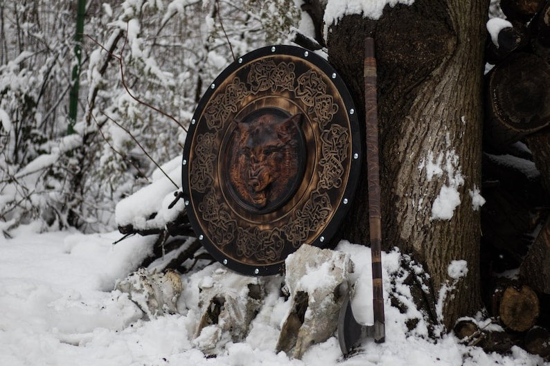 Carved Head Viking Wolf Head Black and Brown Edition Shield