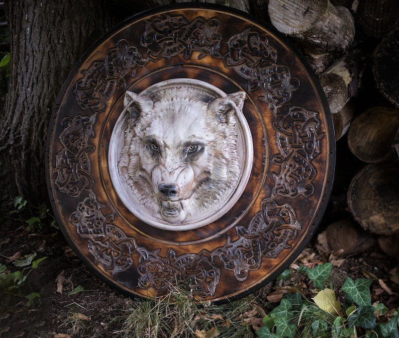 Carved Head Viking White Wolf Head Viking Shield