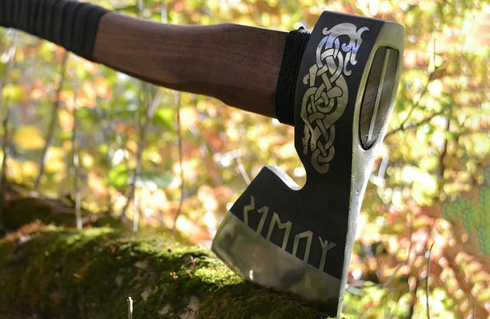 Hand-Forged Fenrir Viking Axe with Nordic Runes & Premium Leather Cover