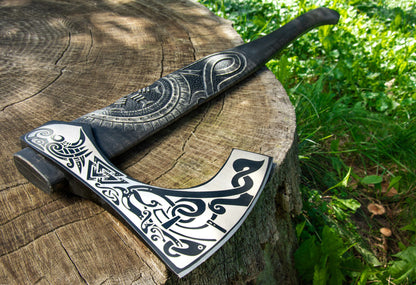 Viking Axe with Vegvisir & Othala Rune Engraved Handle With Cover