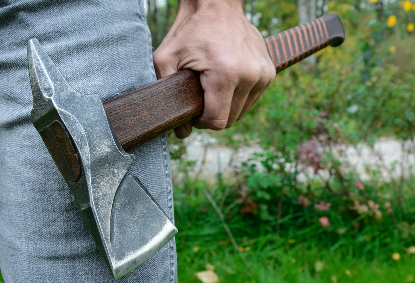 Hand-Forged Tomahawk-Style Viking Axe with Carved Wooden Handle