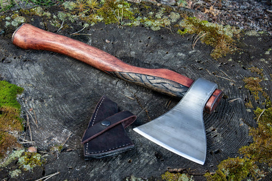 Hand-Forged Premium Viking Axe in Horse Shoe Style with Leather Cover