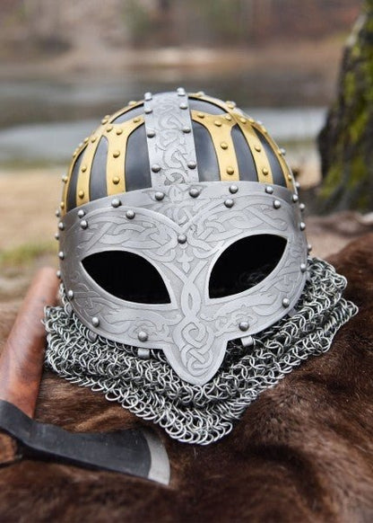 Handmade Viking Battle Helmet with Full-Face Protection & Chainmail Aventail