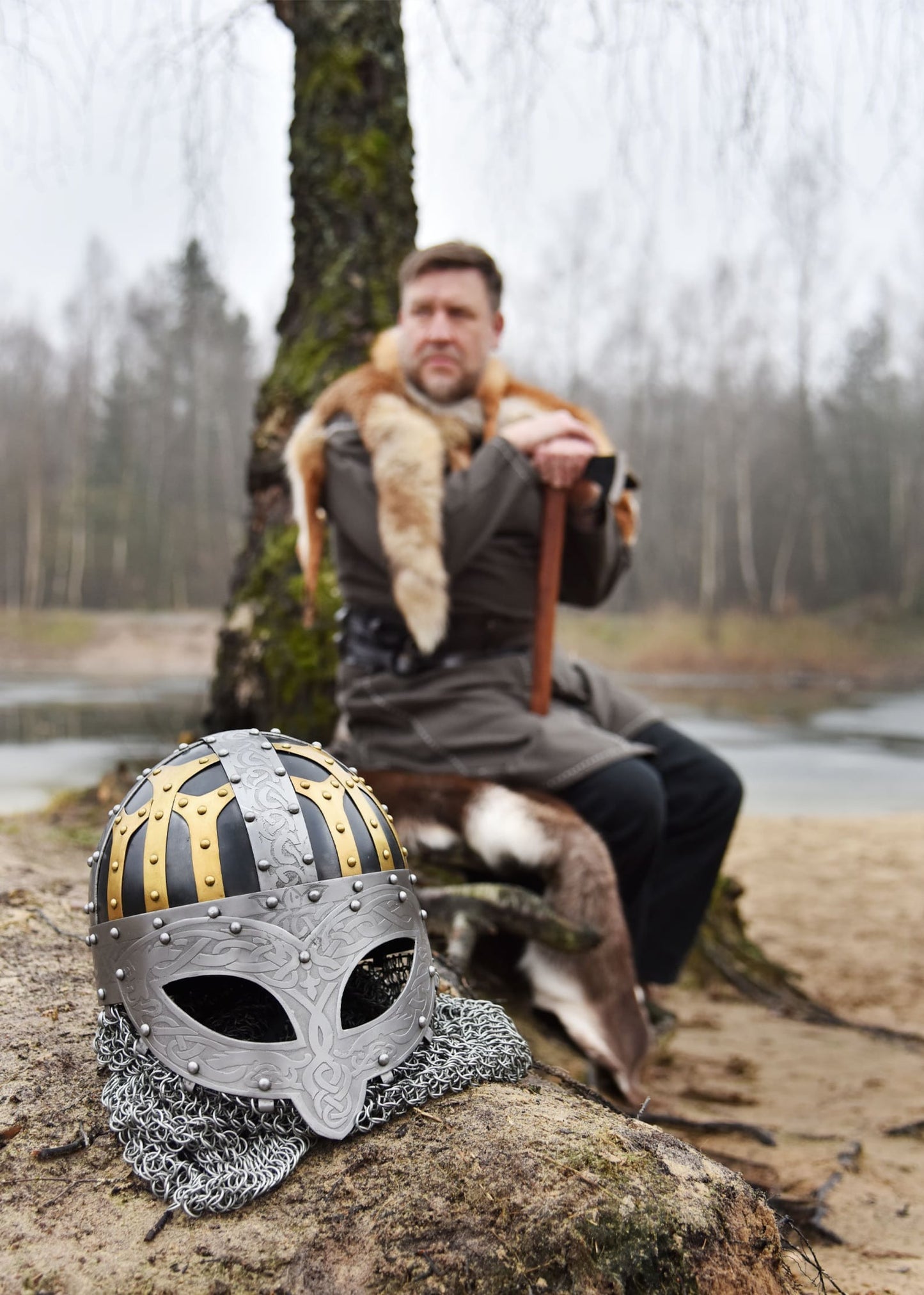 Handmade Viking Battle Helmet with Full-Face Protection & Chainmail Aventail