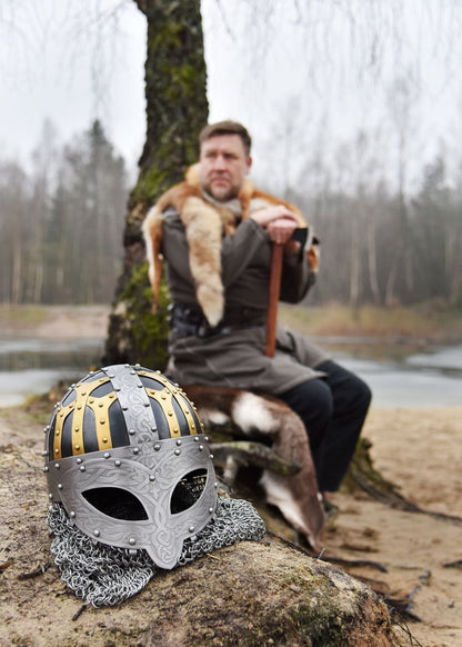 Handmade Viking Battle Helmet with Full-Face Protection & Chainmail Aventail