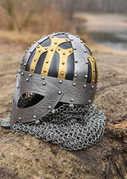 Handmade Viking Battle Helmet with Full-Face Protection & Chainmail Aventail