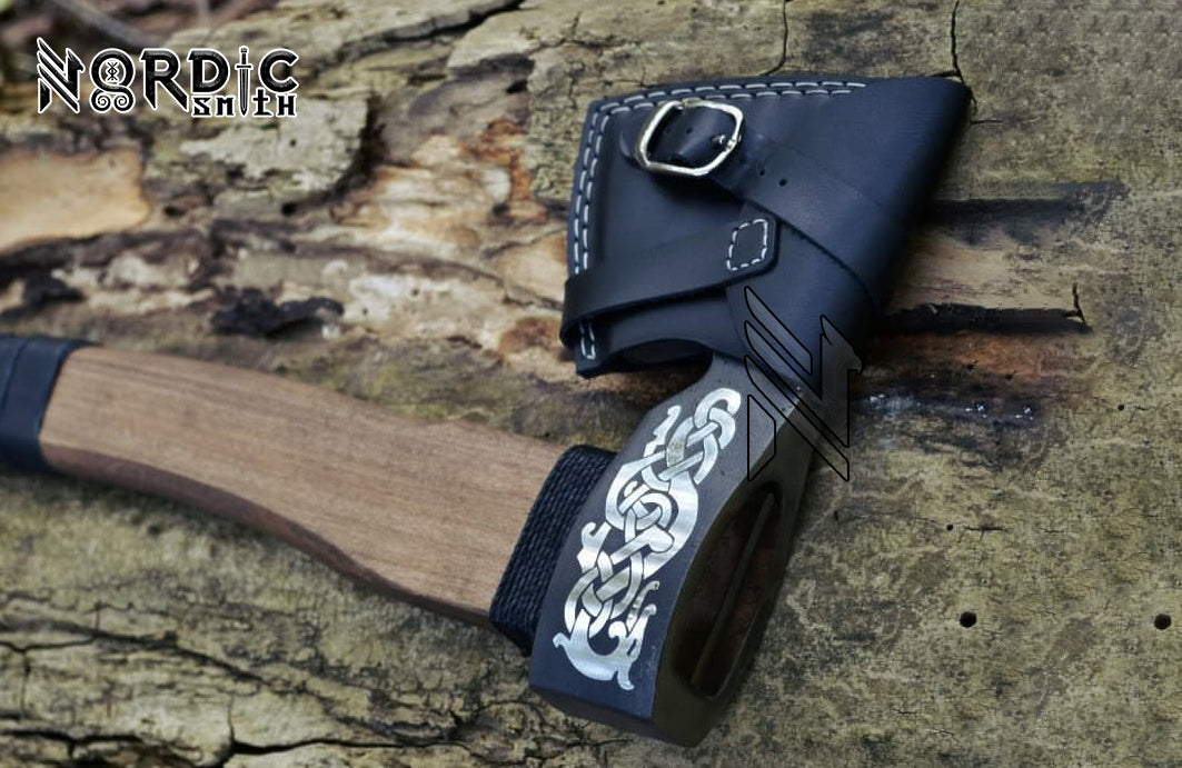 Hand-Forged Fenrir Viking Axe with Nordic Runes & Premium Leather Cover