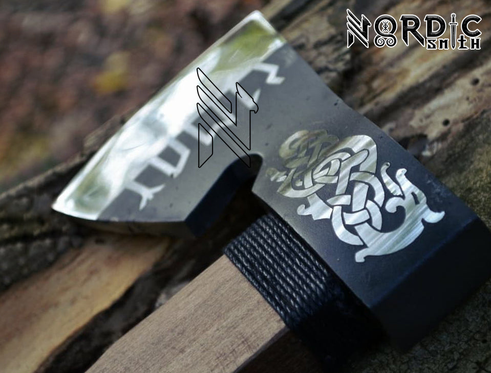 Hand-Forged Fenrir Viking Axe with Nordic Runes & Premium Leather Cover