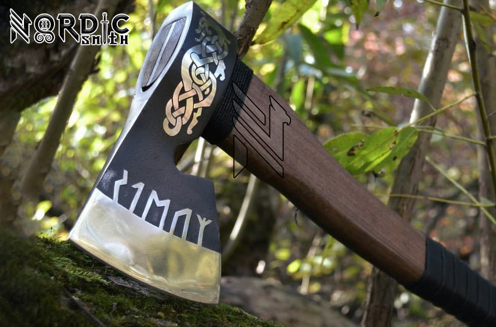 Hand-Forged Fenrir Viking Axe with Nordic Runes & Premium Leather Cover