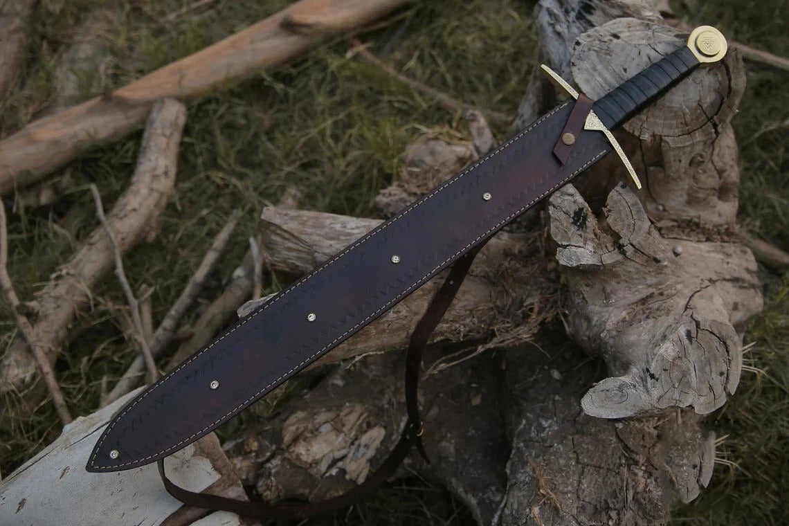 Hand-Forged Damascus Valknut Viking Sword w/ Leather Sheath Cover