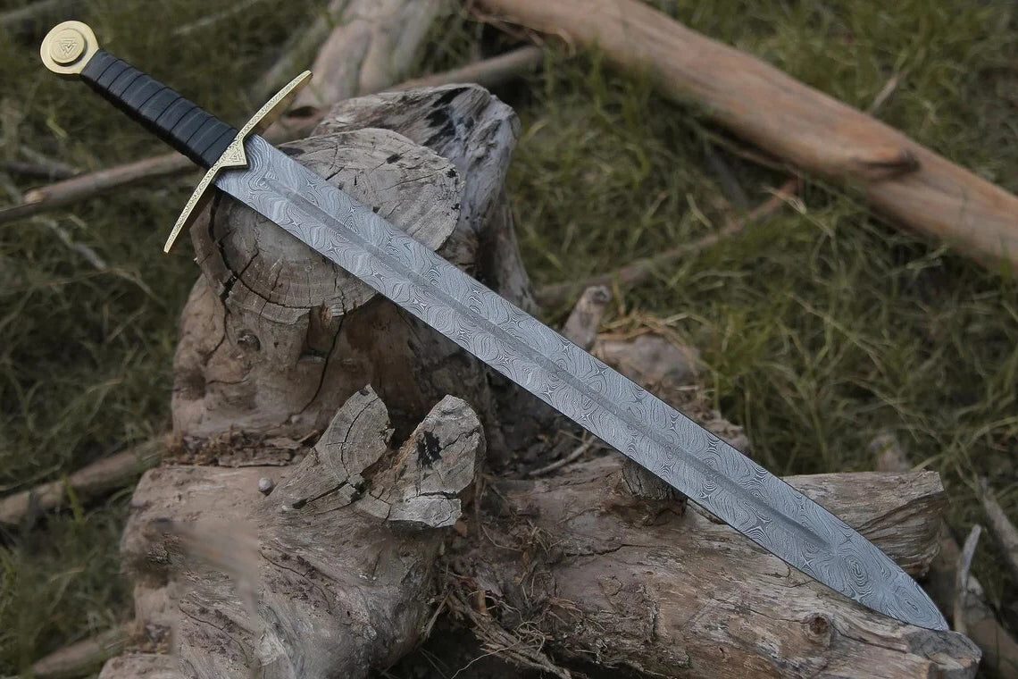 Hand-Forged Damascus Valknut Viking Sword w/ Leather Sheath Cover