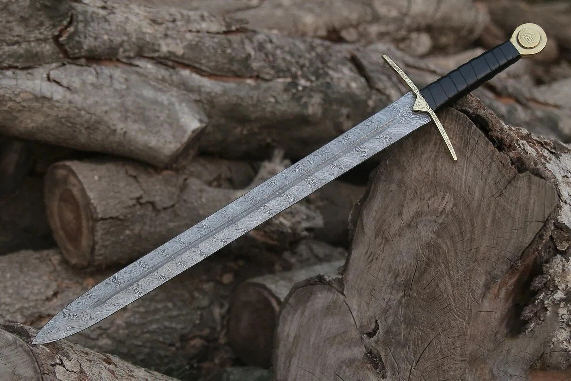 Hand-Forged Damascus Valknut Viking Sword w/ Leather Sheath Cover