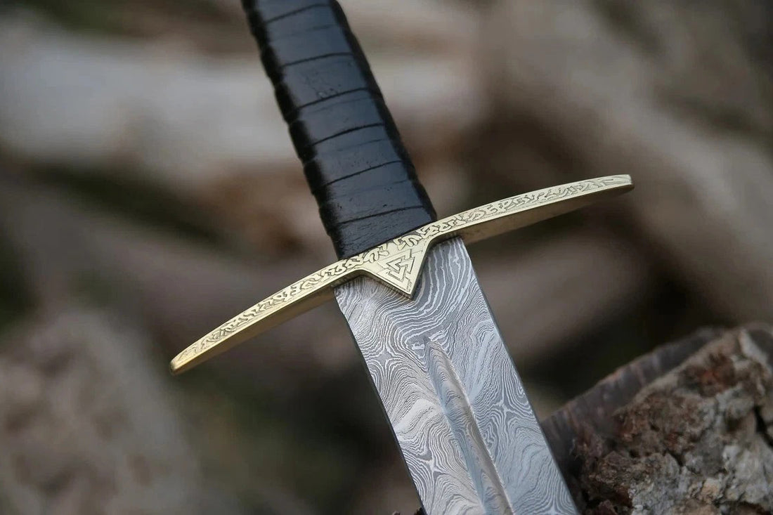 Hand-Forged Damascus Valknut Viking Sword w/ Leather Sheath Cover