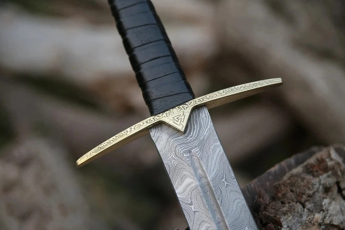 Hand-Forged Damascus Valknut Viking Sword w/ Leather Sheath Cover