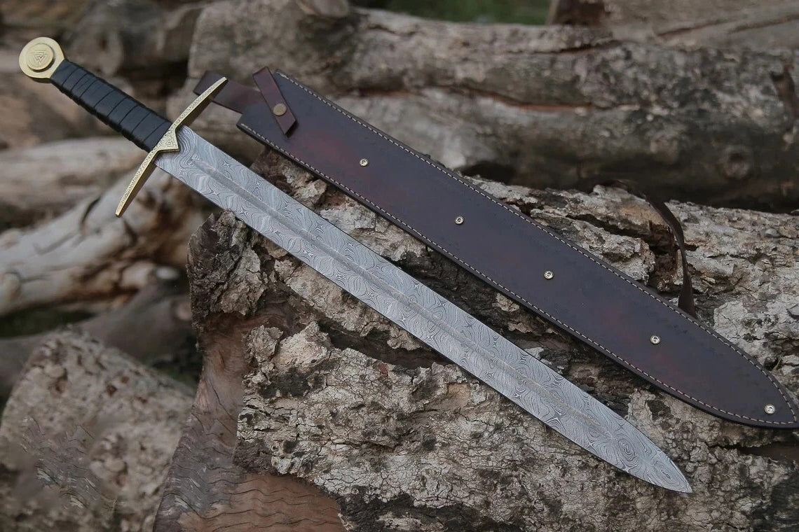 Hand-Forged Damascus Valknut Viking Sword w/ Leather Sheath Cover