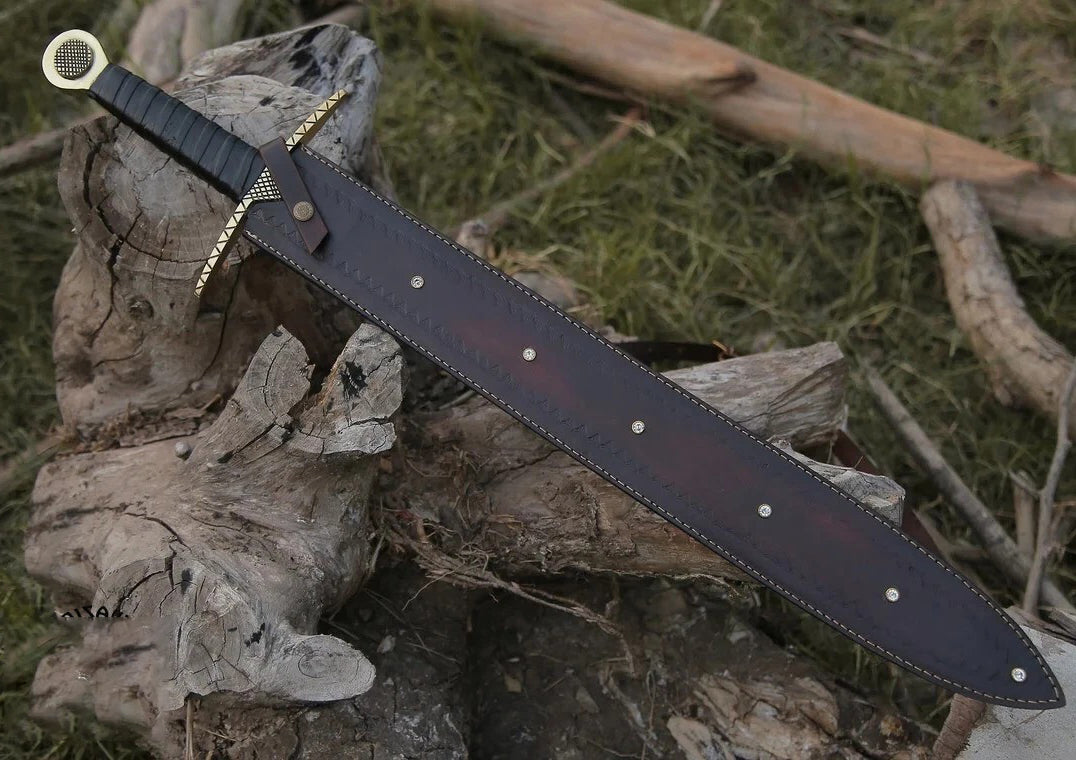 Damascus Steel Twist Blade Viking Sword w/ Brass Leather Handle + Sheath