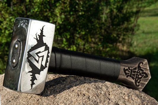 Valknut Viking Hammer with Carved Wooden With Leather Wrapped Handle