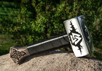 Valknut Viking Hammer with Carved Wooden With Leather Wrapped Handle