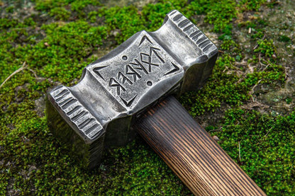 Nordic Hammer with Viking Runes Engraved Head With Wooden Box