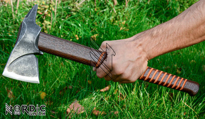 Hand-Forged Tomahawk-Style Viking Axe with Carved Wooden Handle