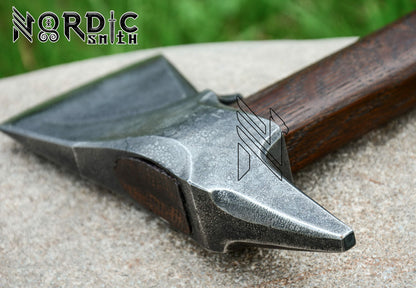 Hand-Forged Tomahawk-Style Viking Axe with Carved Wooden Handle