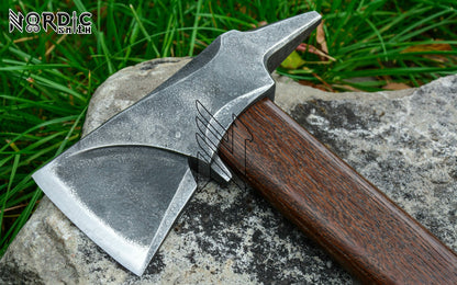 Hand-Forged Tomahawk-Style Viking Axe with Carved Wooden Handle