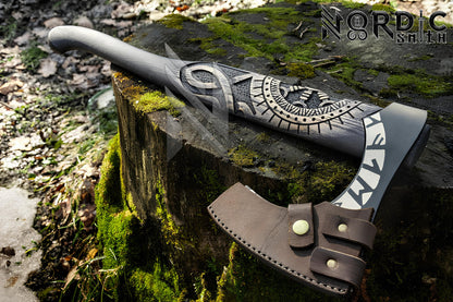 Hand-Forged Viking Axe with Vegvisir and Othala Rune Carved Handle