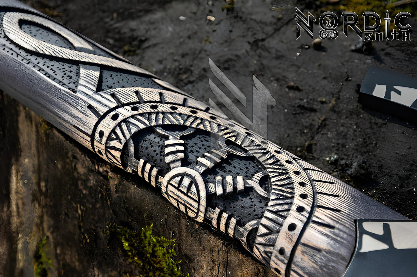 Hand-Forged Viking Axe with Vegvisir and Othala Rune Carved Handle