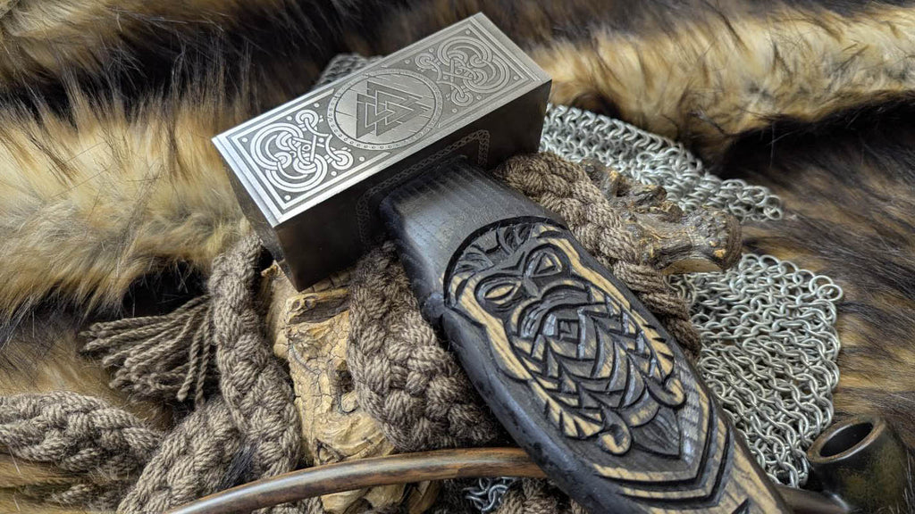 Forged Viking Hammer w/ Odin Carved Handle, Runes & Valknut Symbol