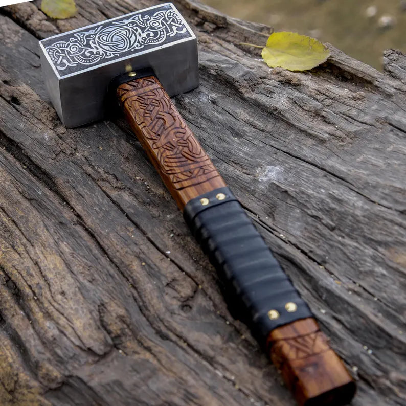 Viking Hammer with Leather Wrapped Handle and Protective Cover