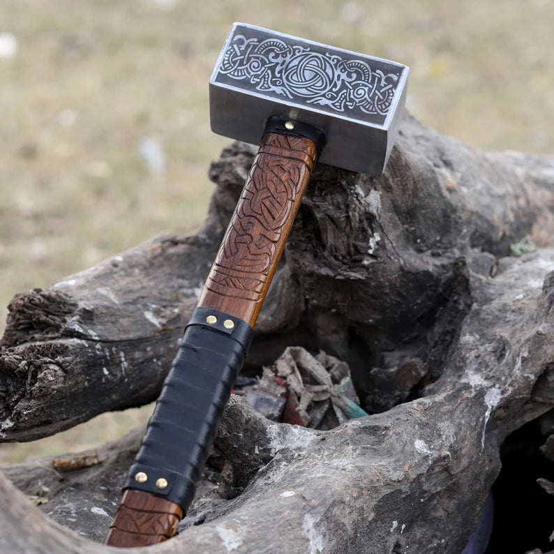 Viking Hammer with Leather Wrapped Handle and Protective Cover