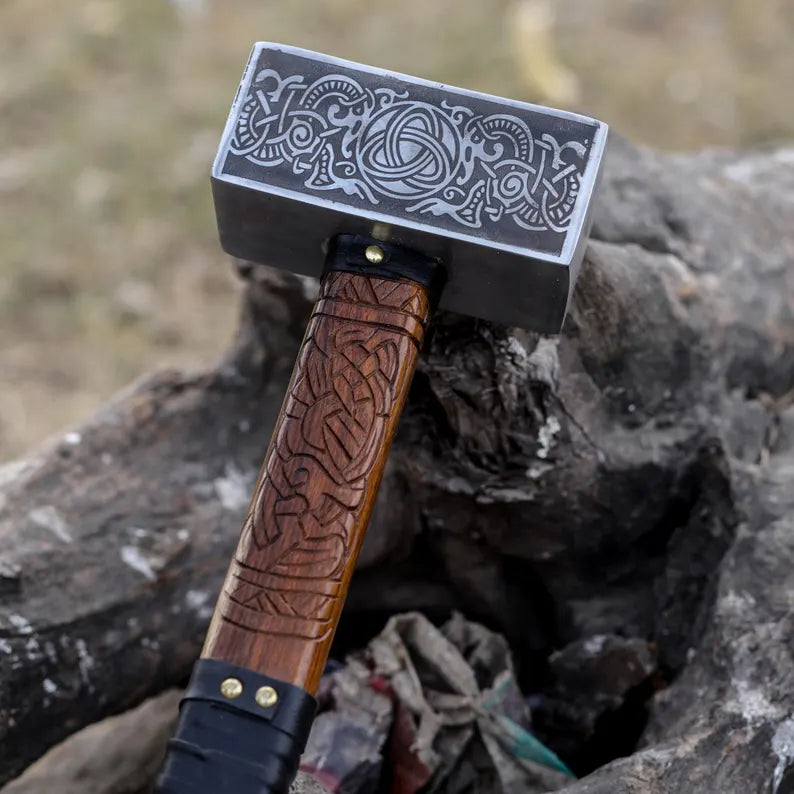 Viking Hammer with Leather Wrapped Handle and Protective Cover
